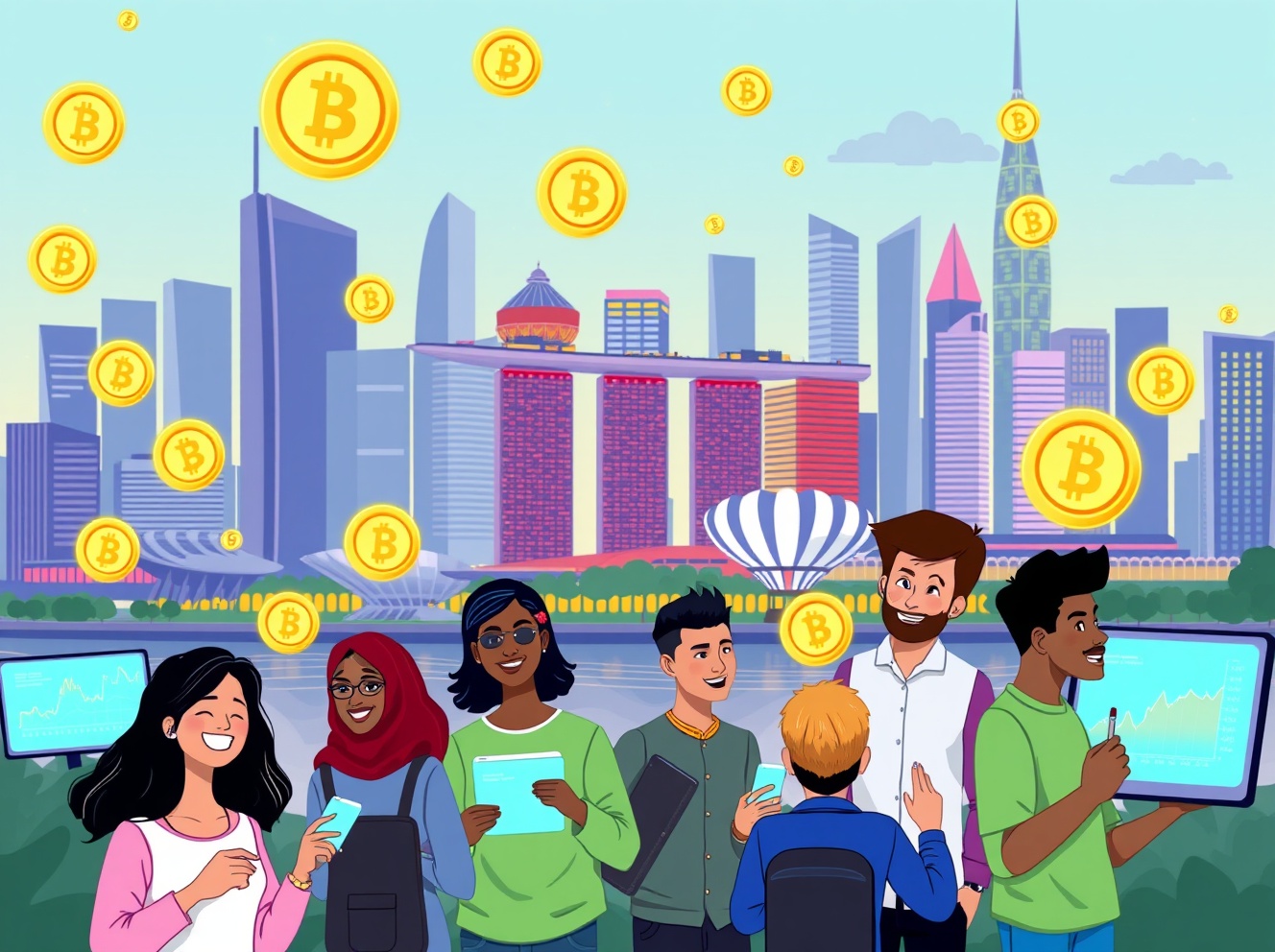 Vibrant illustration of diverse contributors connecting blockchain nodes and receiving glowing USDC stablecoin payouts in decentralized data unions