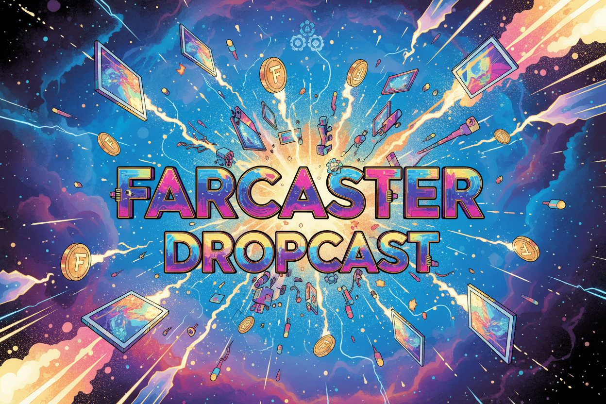 Vibrant illustration of Farcaster cast exploding in views and engagement via DropCast airdrop buttons, showcasing Mini Apps growth loops for 2K+ views on small networks
