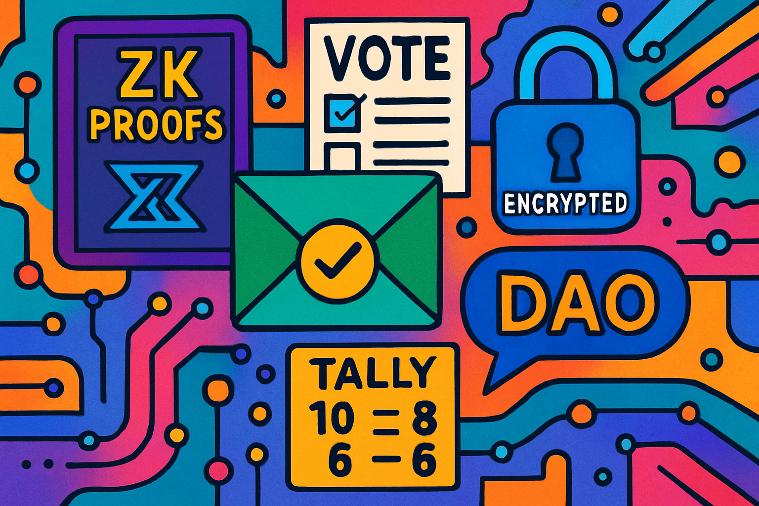 Vibrant illustration of locked votes transforming into a secure DAO tally protected by ZK proofs and encryption symbols, symbolizing confidential blockchain governance and anti-front-running privacy
