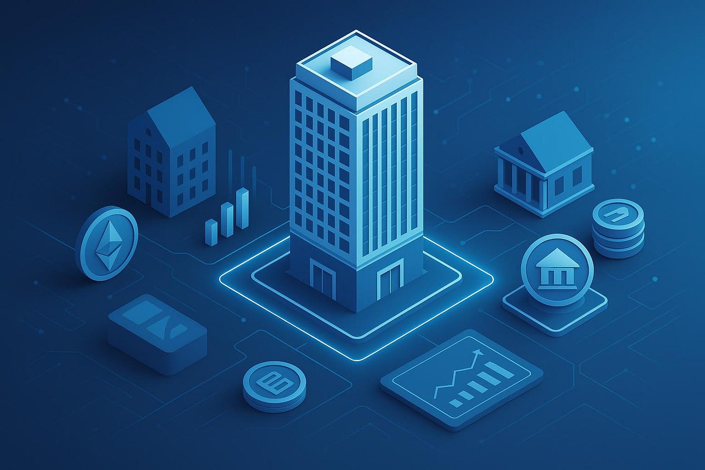 Vibrant illustration of luxury skyscrapers tokenized into fractional digital shares on blockchain for real estate investment platforms like RealT and Lofty in 2025