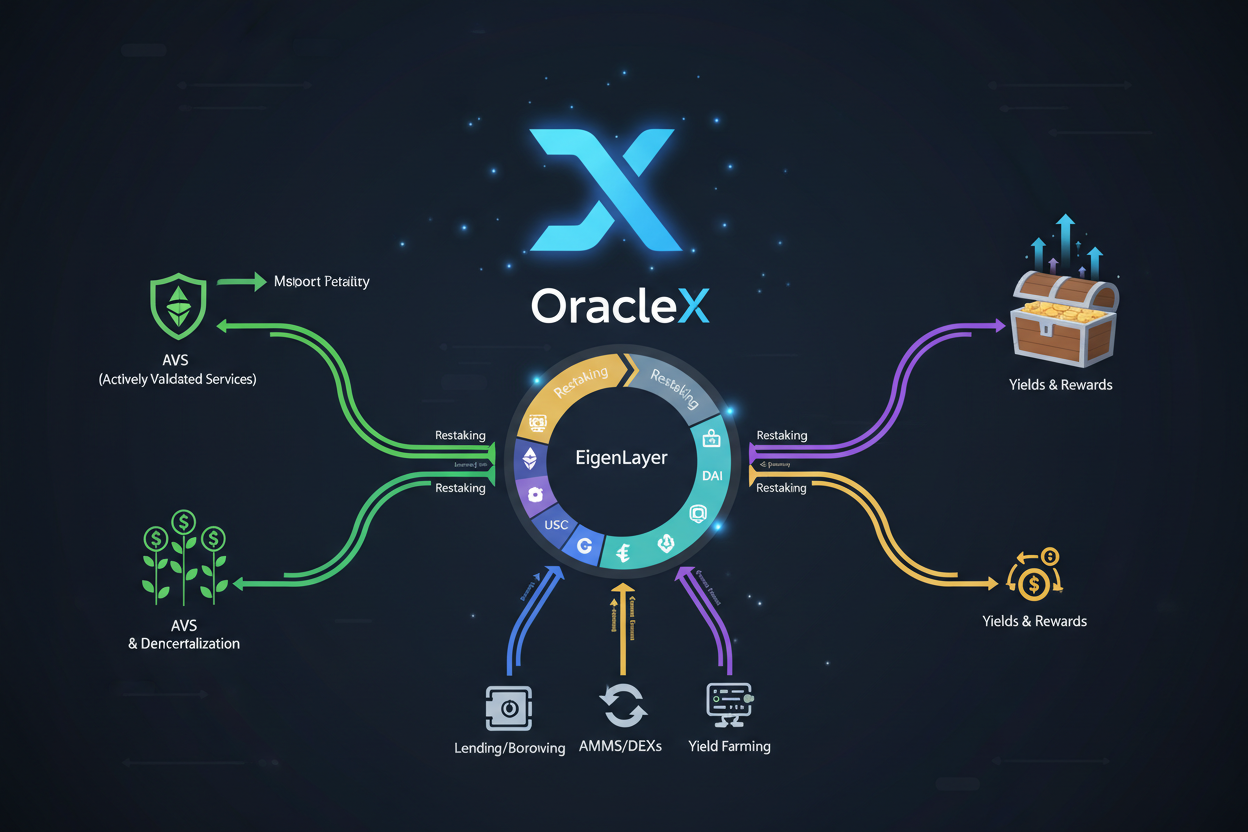 Vibrant illustration of OracleX restaking strategies with EigenLayer AVSs for DeFi yield optimization 2026, featuring LST integration, dynamic yield stacking with RedStone Chainlink, cross-chain security on Arbitrum Optimism, APY rebalancing, points airdrops stacking, slash-resistant mechanisms