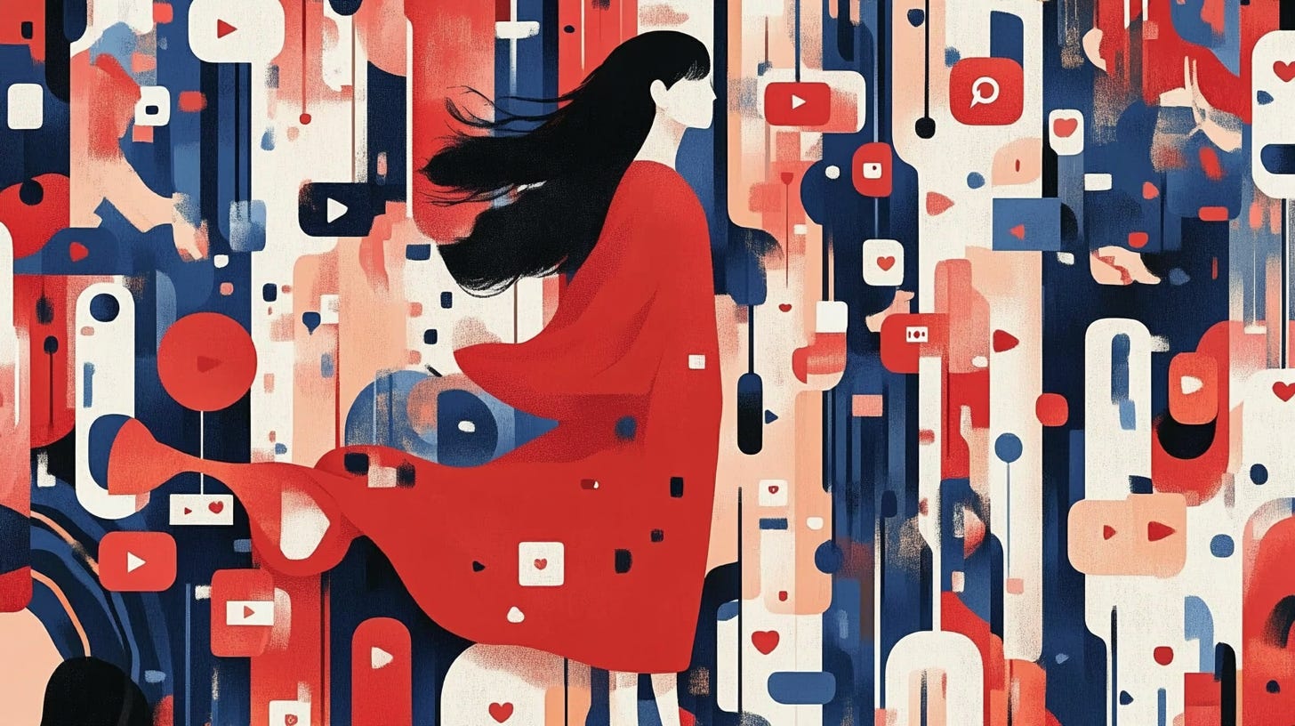 Vibrant illustration of social media feeds transforming into AI neural networks with flowing royalty payment streams for data monetization in AI fine-tuning