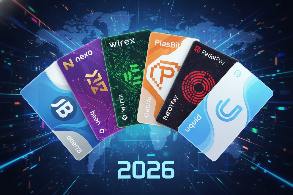 Vibrant illustration of top stablecoin cards like Bleap Mastercard, Helio USDC Card, Nexo Card, Wirex, PlasBit, RedotPay, Uquid, CryptoPay, Payeer, BingX for private anonymous crypto-to-fiat off-ramps and spending in 2026