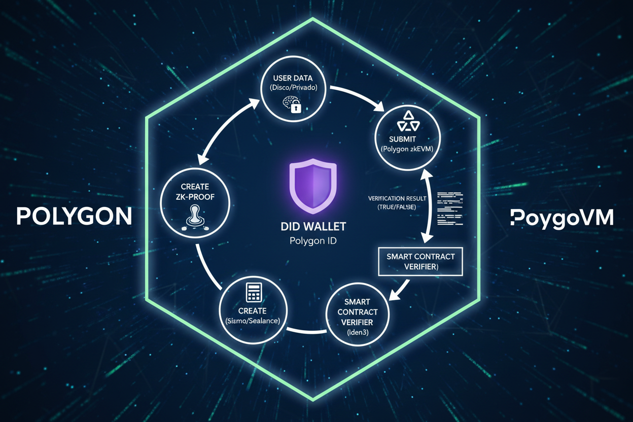 Vibrant illustration of zk-proof verification flow in DID wallet on Polygon zkEVM featuring Polygon ID, Iden3, Disco, Privado ID, Sismo, Sealance wallets for self-sovereign identity