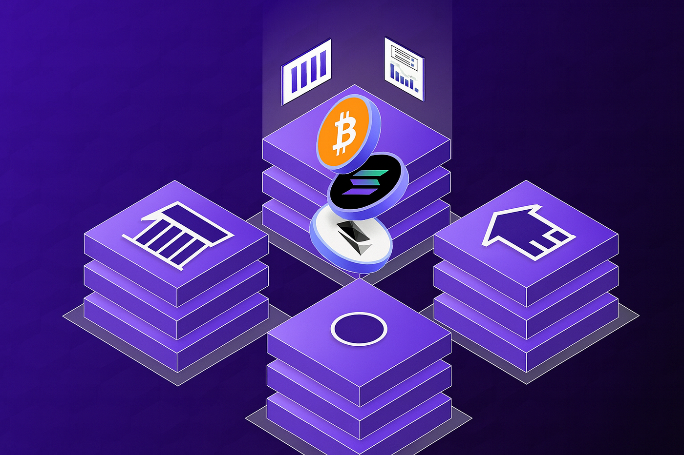 Vibrant modern tokenized real estate NFT on blockchain showing fractional property shares starting at $50 with rental income icons and passive investment graphics