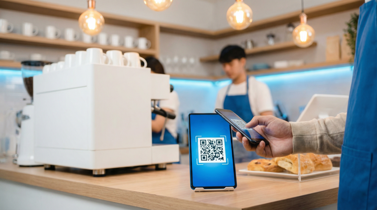 Vibrant street vendor at bustling market stall scanning Solana QR code for USDC payment on mobile wallet, enabling offline crypto transactions with Solana Pay
