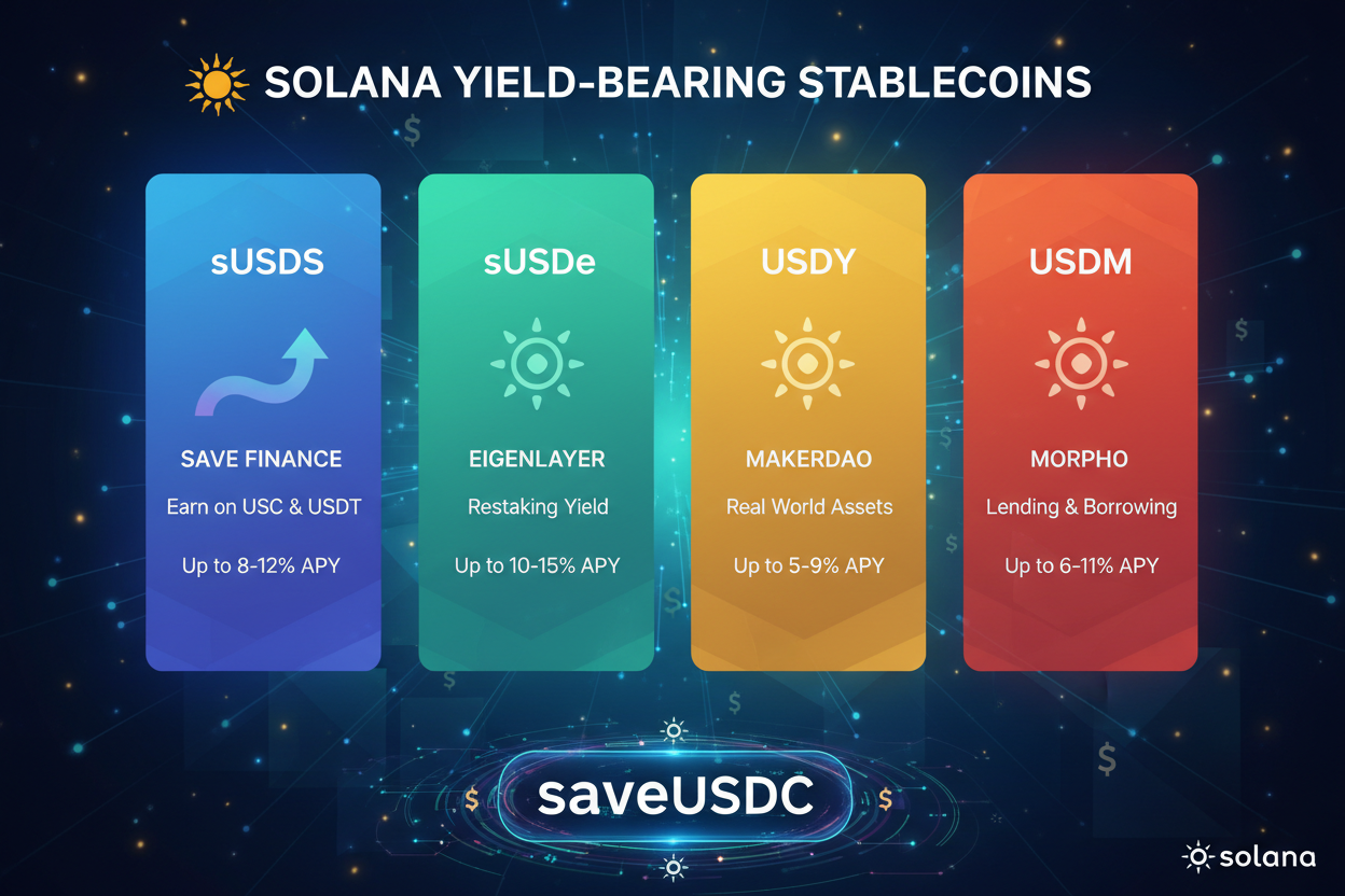 Vibrant infographic illustrating Solana ecosystem with dynamic exploding yield growth visuals for top yield-bearing stablecoins sUSDS, sUSDe, USDY, USDM, and saveUSDC in DeFi passive income 2026