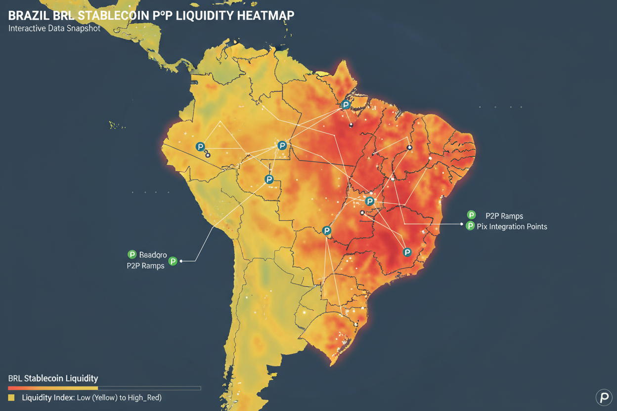 Vibrant interactive map of BRL stablecoin liquidity depths across top P2P ramps like Binance P2P, Bybit, OKX and Pix rates in Brazil for 2026 arbitrage