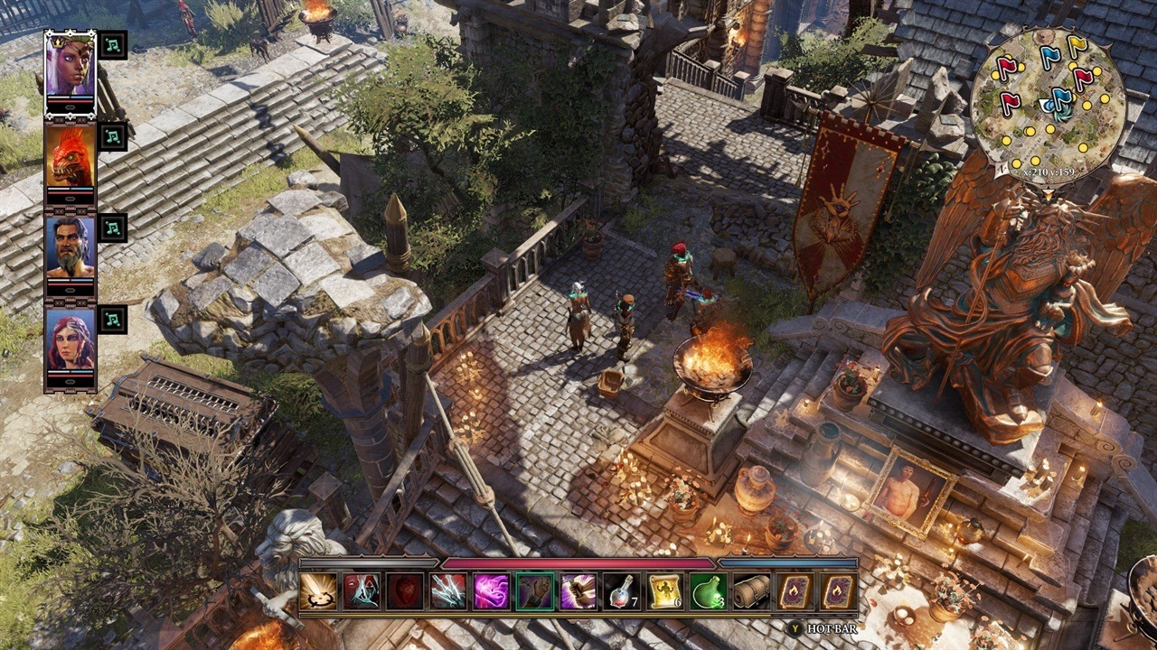 Vibrant isometric fantasy battle scene from Divinity: Original Sin 2, a top turn-based RPG like Baldur's Gate 3 with tactical combat, mages casting spells, warriors clashing, and immersive fantasy world on Basement.fun