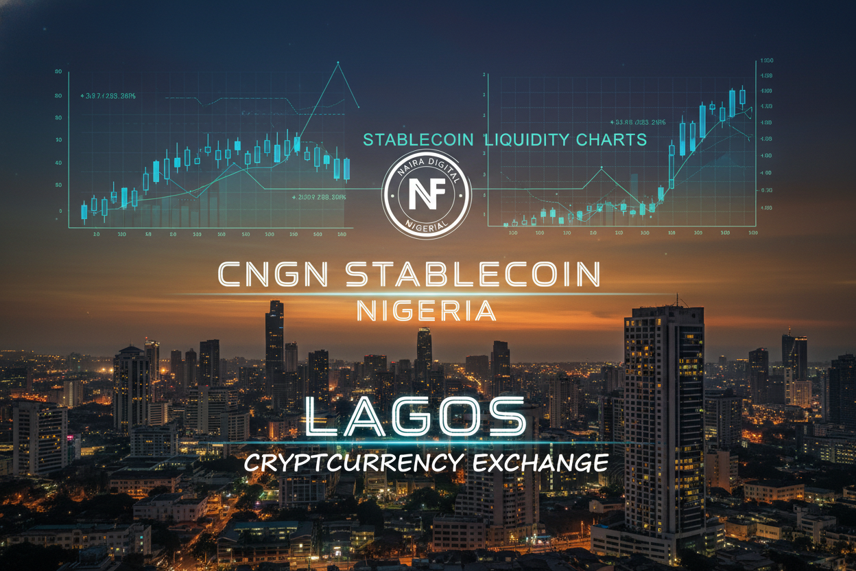 Vibrant Lagos Nigeria skyline digitally overlaid with conceptual cNGN stablecoin liquidity flows and exchange depth visuals for crypto trading guide