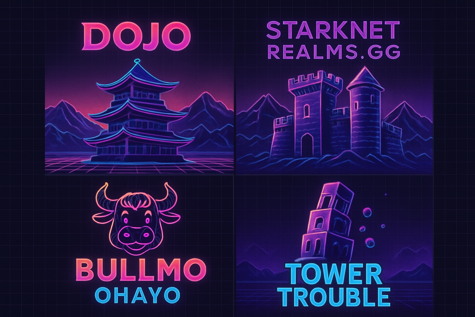 Vibrant neon montage of top Dojo-powered on-chain Starknet games like Realms.gg, Bullmo, Ohayo, Tower Trouble, Space Invaders, Chess, Connect Four, Tic Tac Toe, Game of Life, Dojo TicTacPro in action for 2025