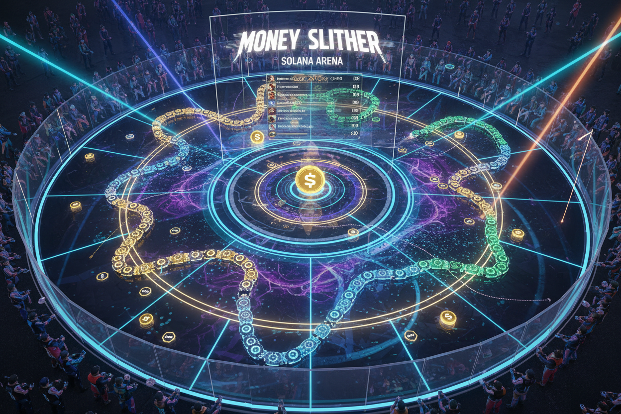 Vibrant multiplayer arena in SLPE Snake Game on Solana, colorful snakes battling for USDC pellets in play-to-earn gameplay