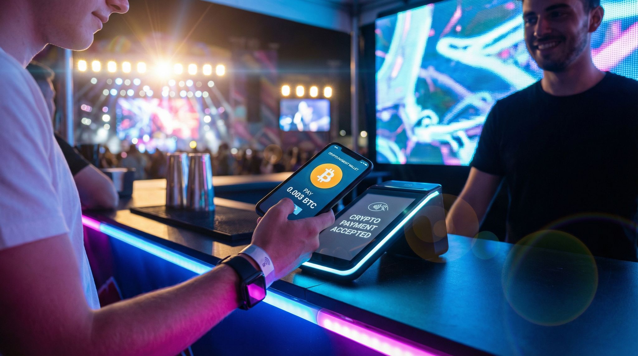 Vibrant photo of small business cashier generating stablecoin QR code on mobile POS terminal for offline USDC crypto payment