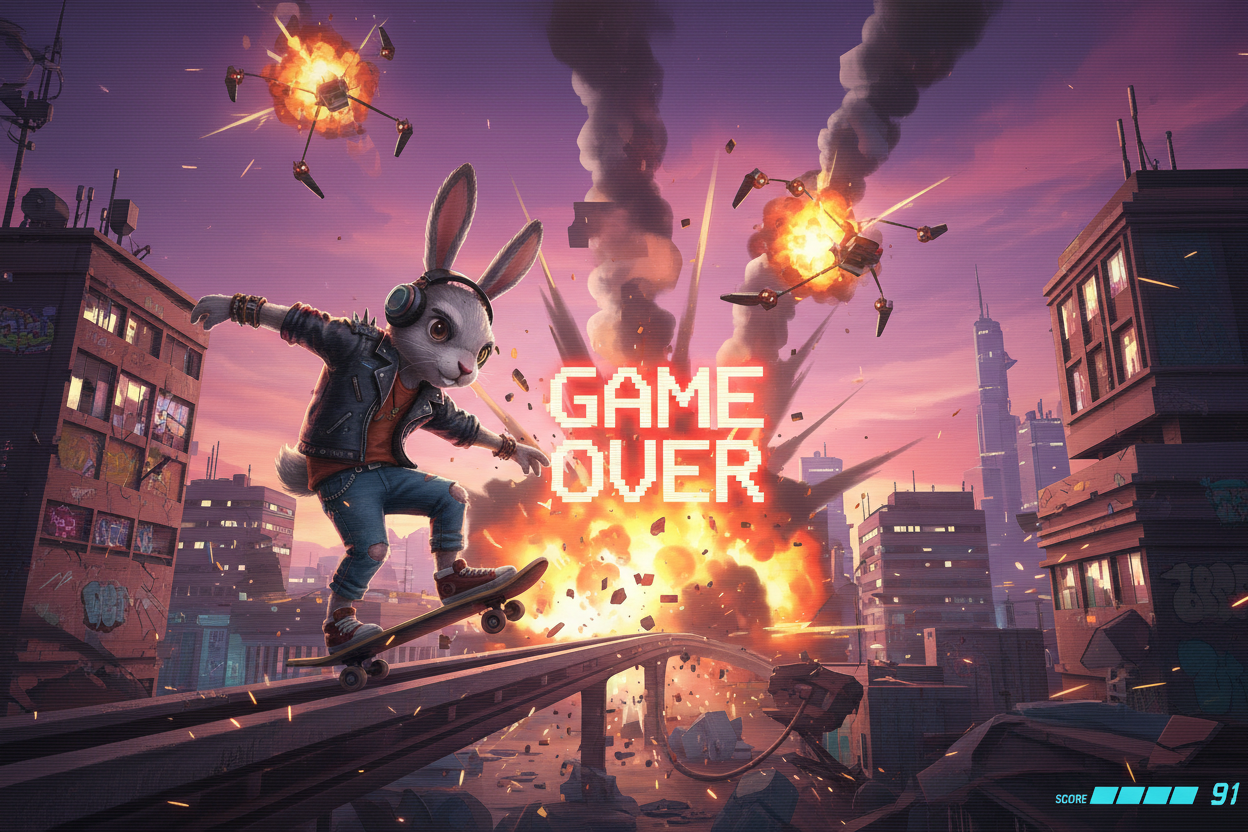 Vibrant My Pet Hooligan gameplay screenshot: rabbit Hooli skateboarding through Hooliland City, dodging ZuckCorp drones amid explosive chaos, Web3 indie shooter game