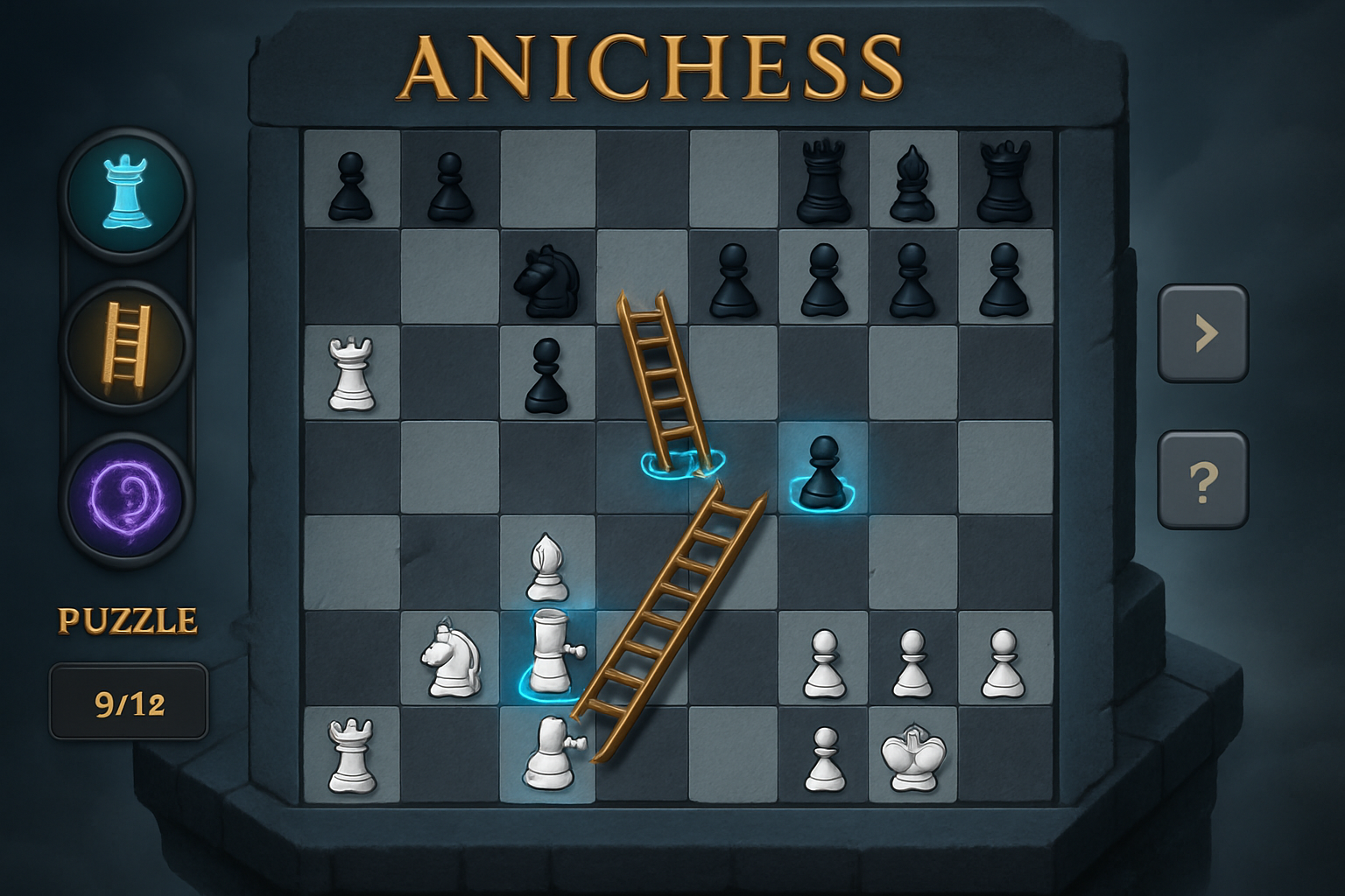 Vibrant Anichess gameplay screenshot showing spell-based chess board with ladders UI, puzzle elements, and $CHECK token integration for blockchain chess economy