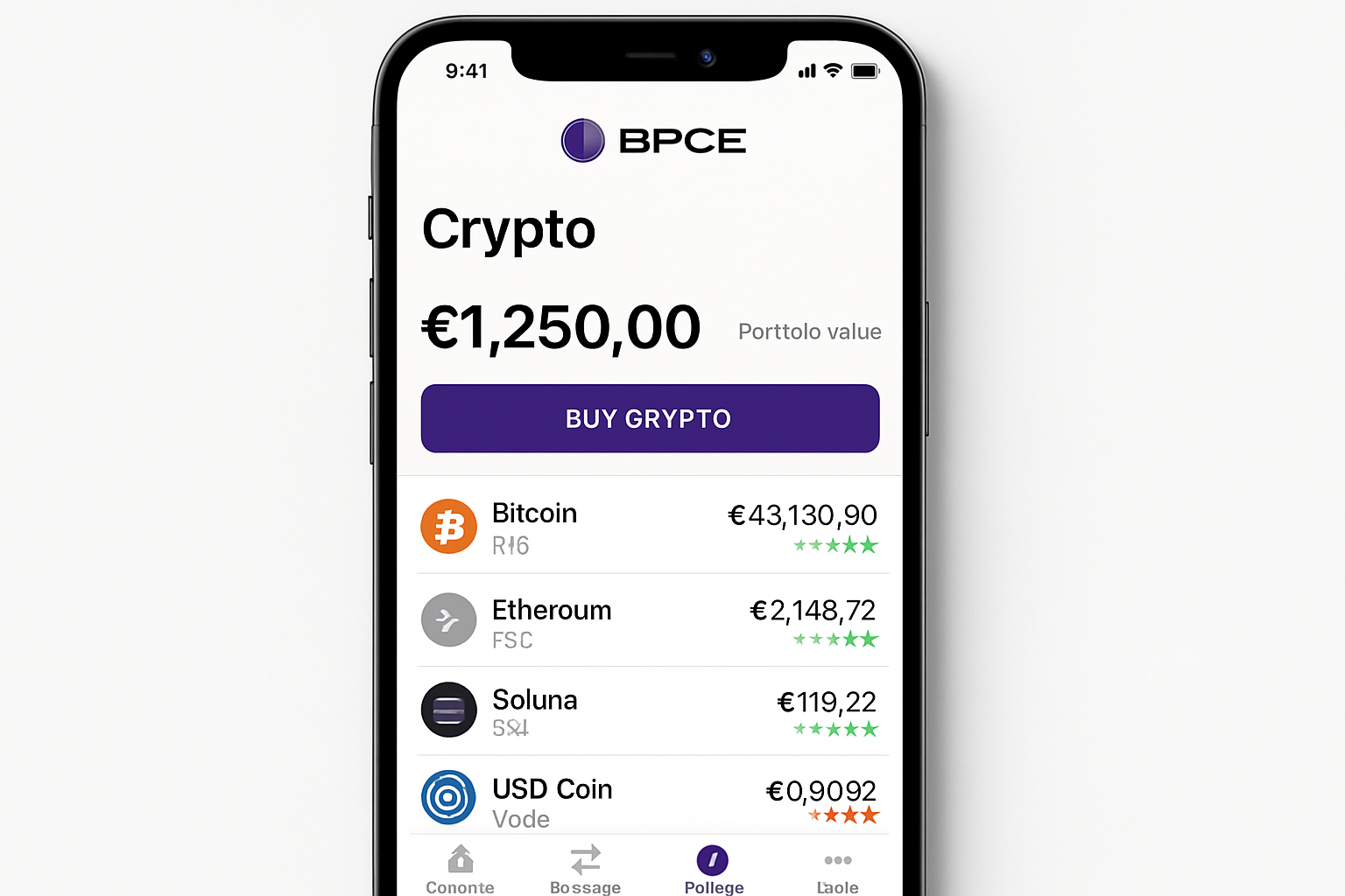 Vibrant screenshot of BPCE mobile banking app interface displaying Bitcoin BTC, Ethereum ETH, Solana SOL, and USDC trading options for new crypto service launch 2025
