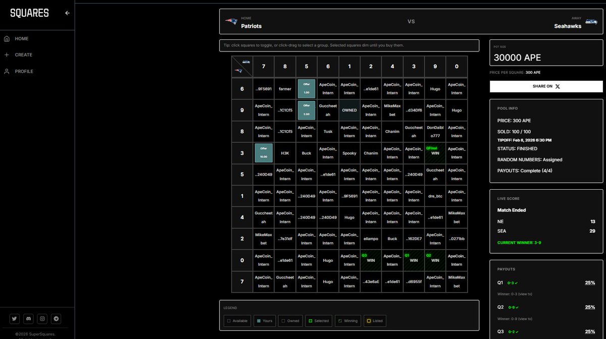 Vibrant screenshot of Clutch Markets Super Squares interface showing NFL betting grid on ApeChain blockchain