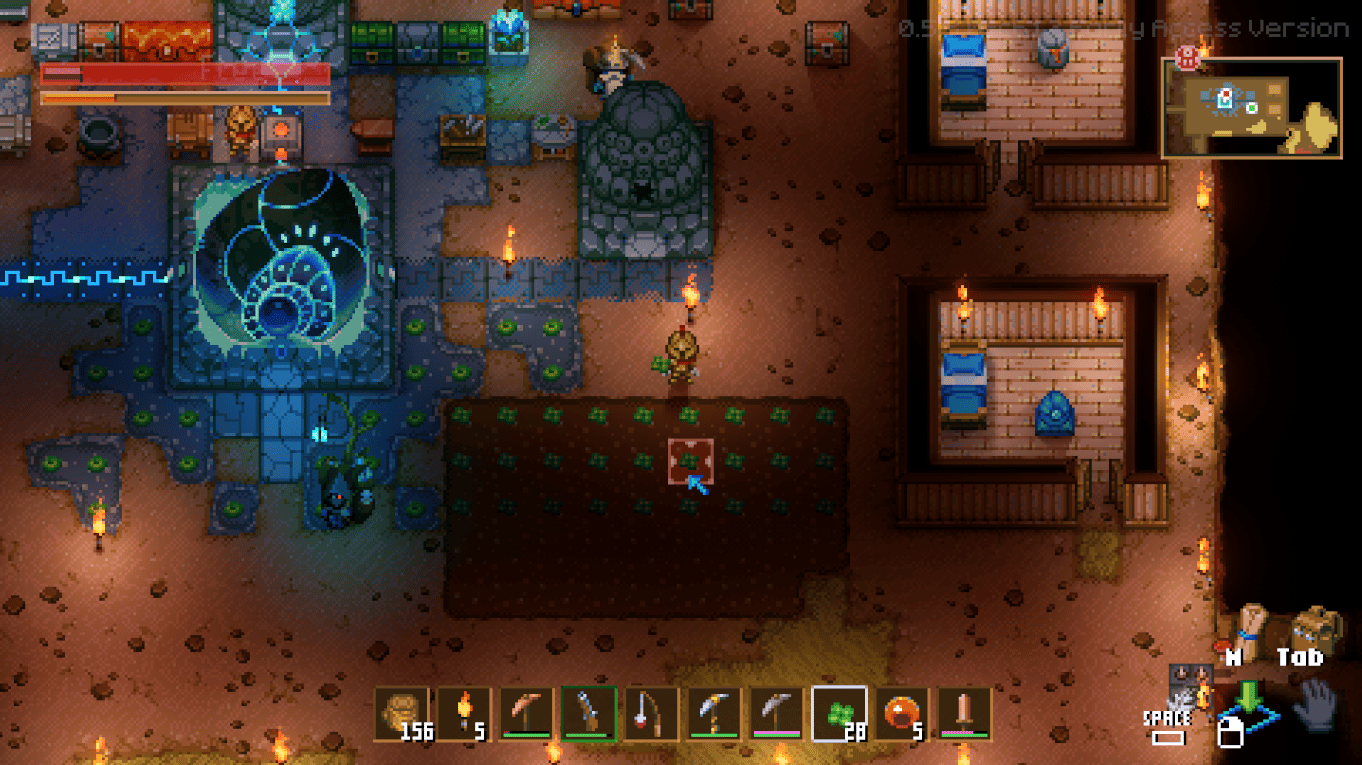 Vibrant Core Keeper screenshot of underground survival base-building with detailed crafting stations and inventory, highlighting depth similar to Project Zomboid indie game