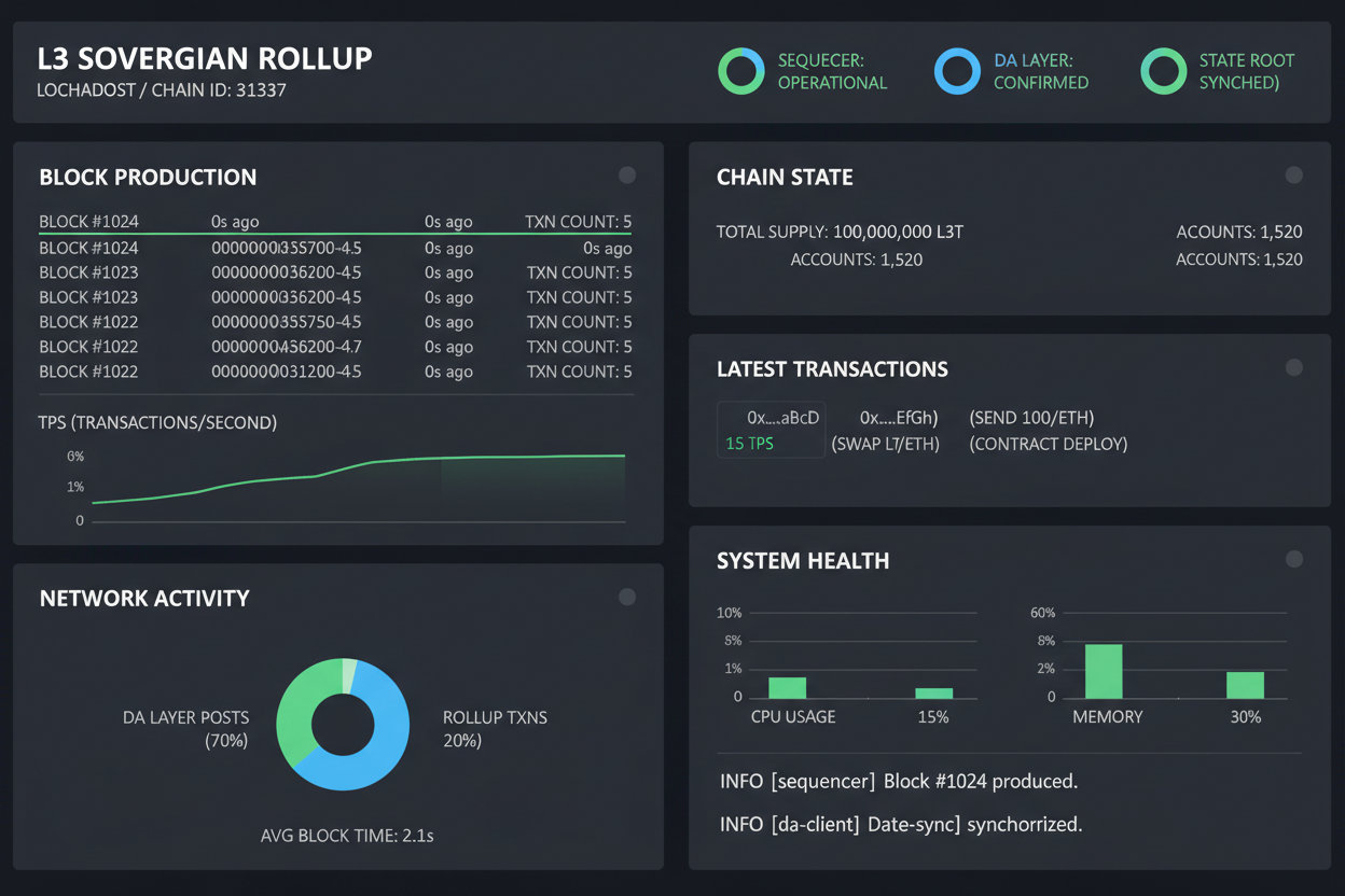 Vibrant screenshot of L3 appchain boilerplate dashboard after deployment, showcasing sovereign rollup stats, localhost chain ID, and quick setup for Ethereum L3 sovereign rollups