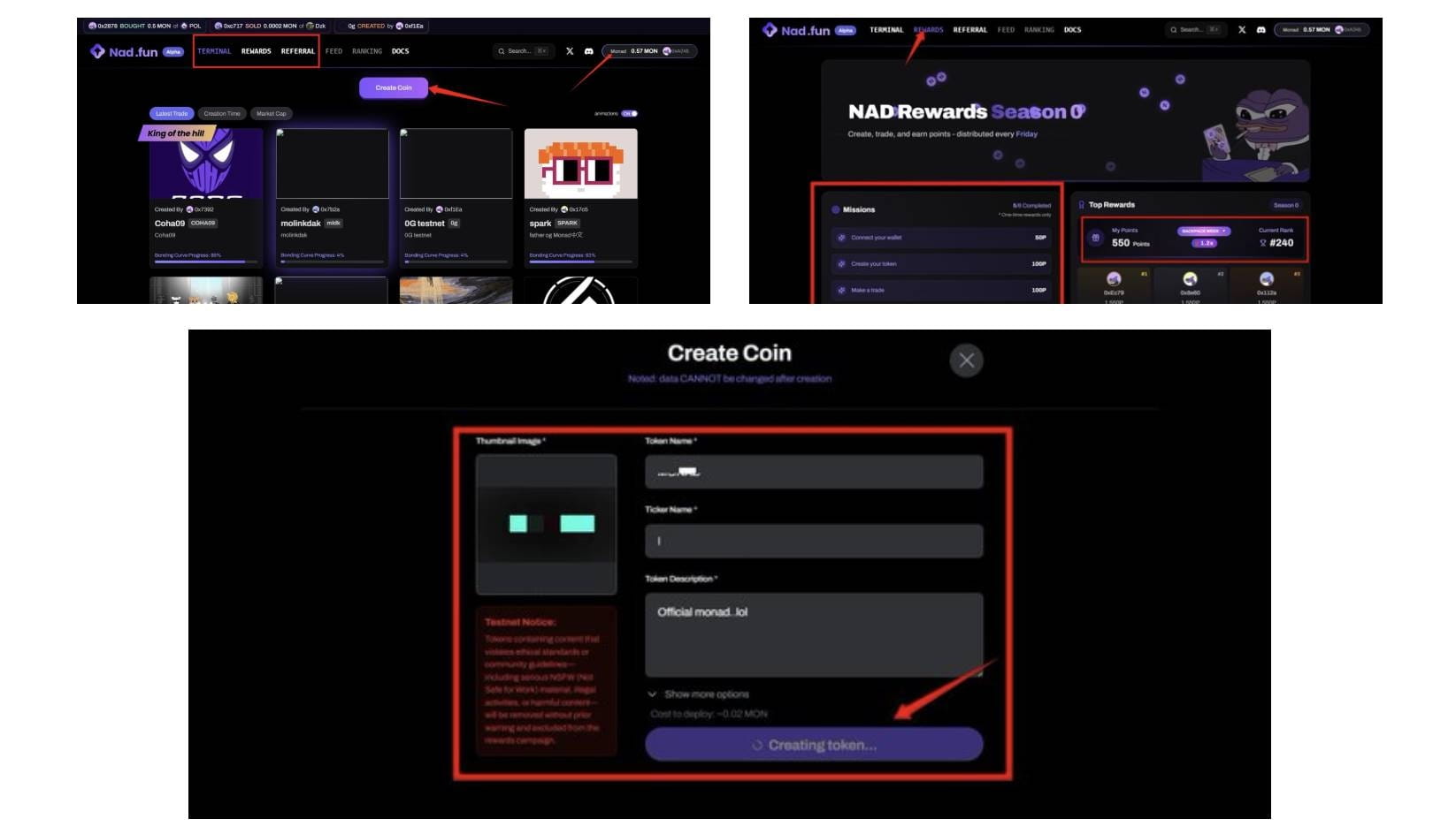 Vibrant screenshot of Monad testnet staking dashboard displaying delegation interface for MON tokens, validators, and rewards claiming