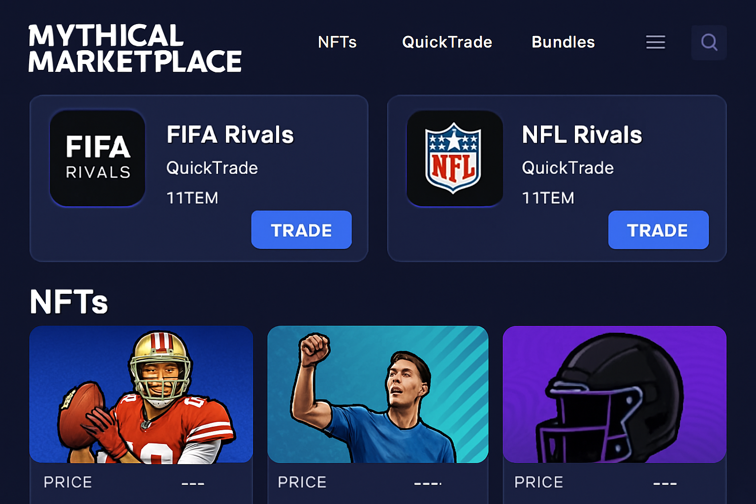 Vibrant screenshot of Mythical Marketplace interface displaying FIFA Rivals and NFL Rivals NFT listings with QuickTrade bundles for Web3 gaming trades