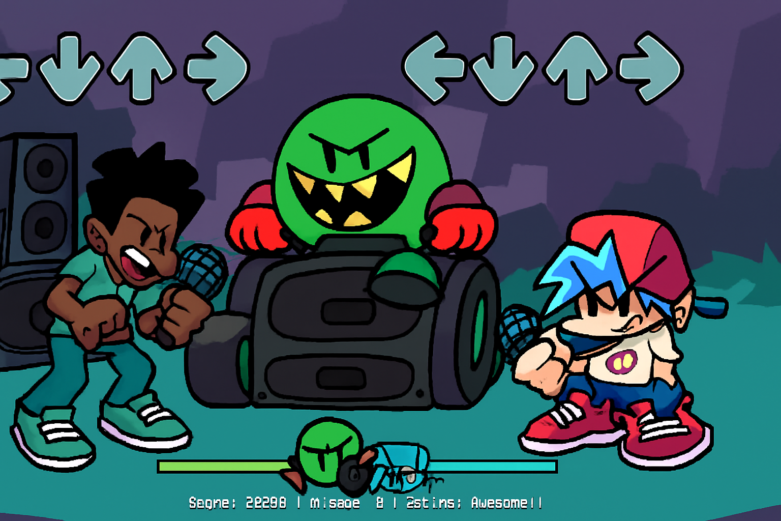 Vibrant FNF B3 Rerun mod gameplay screenshot of Smash-N-Crash song featuring Krumbo's new B3 design in action, Friday Night Funkin fan mod visuals