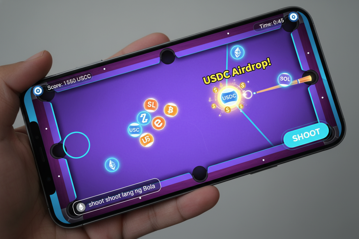 Vibrant PocketSol Solana pool game gameplay screenshot showing shoot shoot lang ng Bola action with balls in pockets, USDC wins, and exciting airdrop notifications