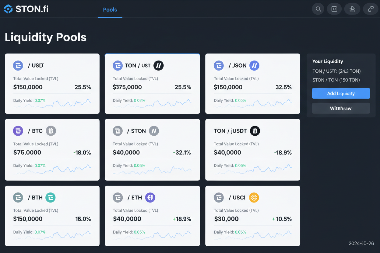 Vibrant screenshot of STON.fi liquidity provision interface showing TON pools, yield stats, and DeFi farming options on TON blockchain for Telegram users