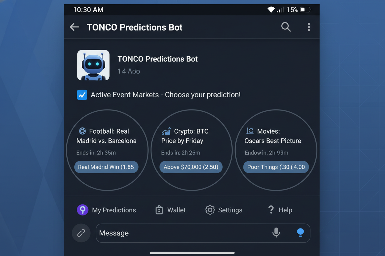 Vibrant screenshot of TONCO Predictions Bot Telegram interface displaying active onchain event markets for trading crypto, DeFi, sports, and culture outcomes on TON blockchain