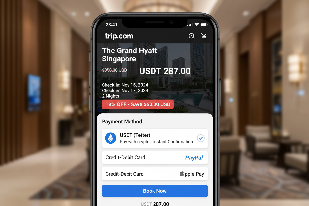 Vibrant Trip.com app screenshot showing hotel booking with USDT stablecoin payment option and 18% discount badge highlighted