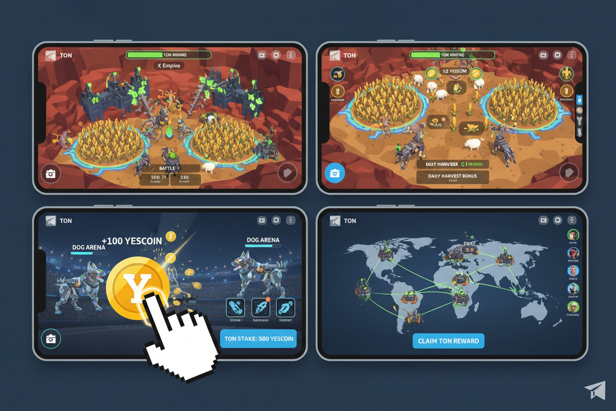 Vibrant screenshots of X Empire bases, Major mining rigs, Corn farms, Dogs battles, and Yescoin taps in top TON Telegram mini-games like Hamster Kombat for instant crypto earnings 2026