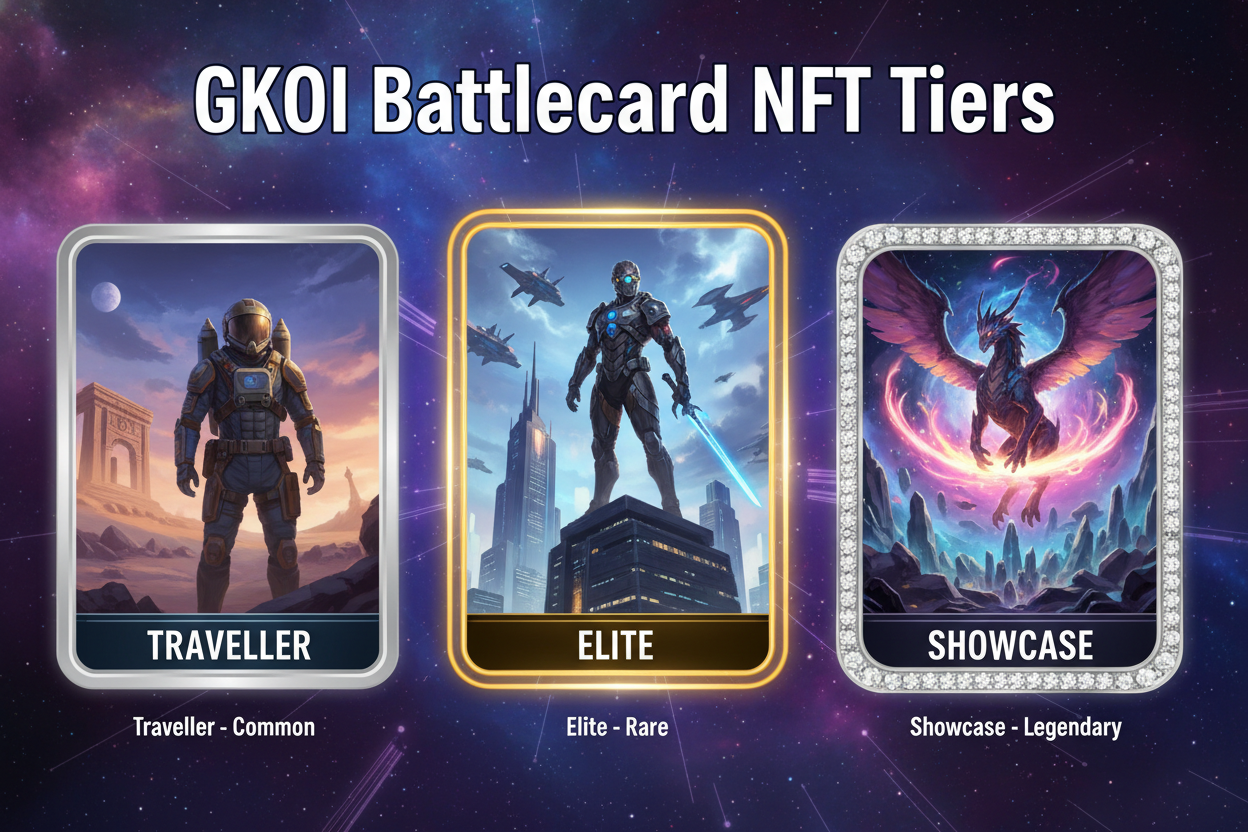 Vibrant showcase of GKOI Battlecard NFT tiers from Traveller to elite, highlighting combat powers, special weapons, and unique arenas in Web3 gaming