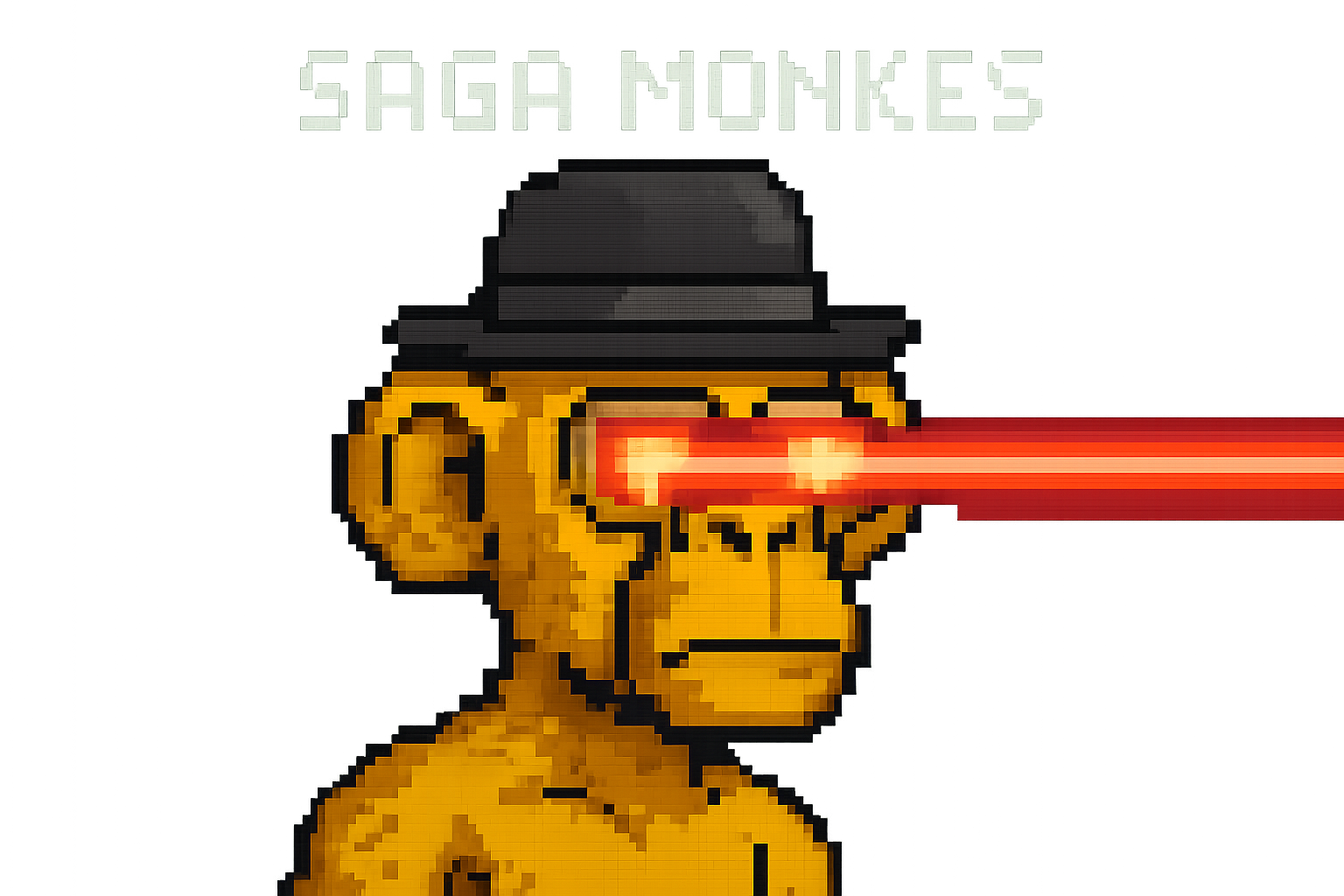 Vibrant pixel art showcase of rare Saga Monkes NFTs featuring laser eyes and golden fur traits, exclusive for Solana Saga Genesis Token holders