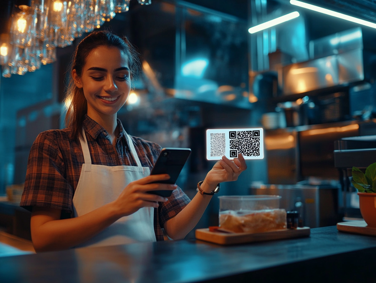 Vibrant street vendor in bustling market scanning USDC QR code on smartphone with customer for offline stablecoin crypto payment, 2026 Web3 action