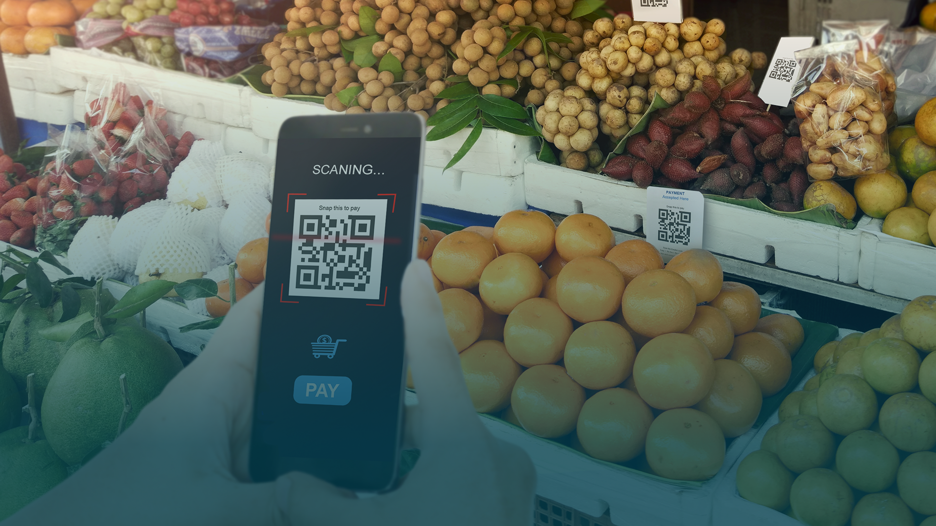 Vibrant street vendor in emerging market night market holding smartphone with USDC QR code for offline crypto payments, customers scanning with phones in busy atmosphere