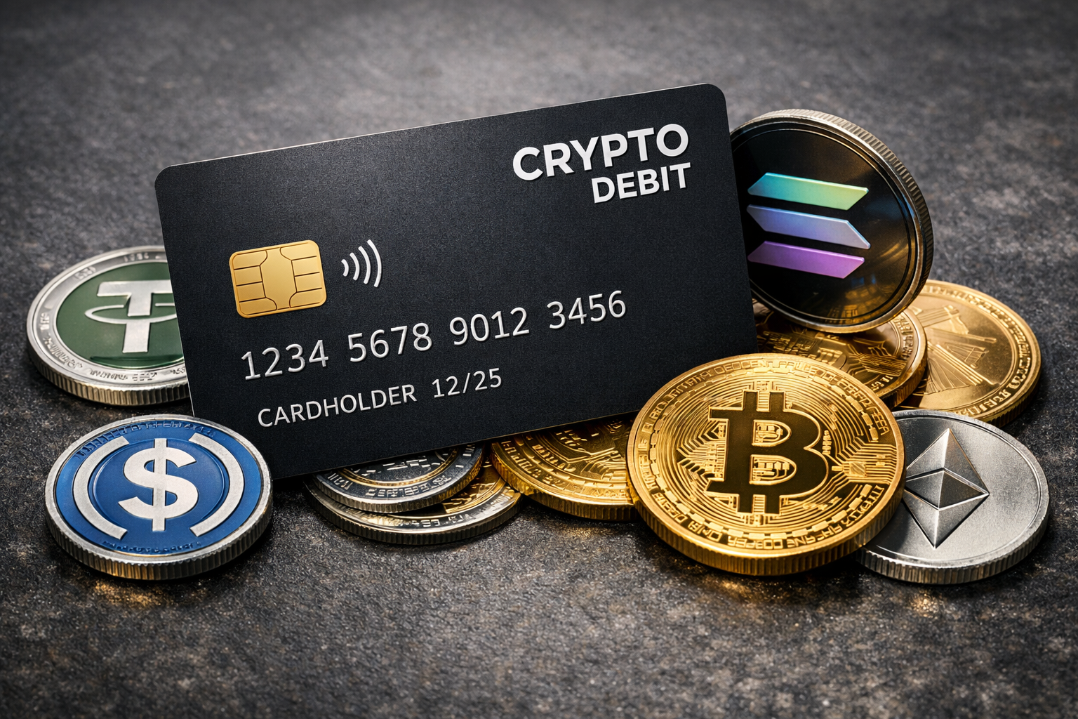 Vibrant traveler paying with sleek stablecoin debit card at bustling international market stall, glowing USDC USDT icons on smartphone screen for onchain crypto travel 2026