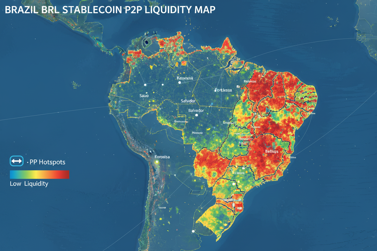 Vibrant heatmap visualization of Brazil's BRL stablecoin liquidity map highlighting P2P trading hotspots and exchange depths across key regions in 2026