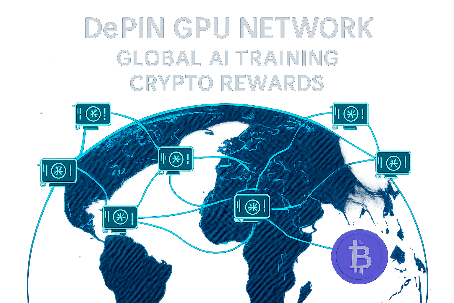Vibrant digital visualization of global idle GPUs connecting in a DePIN network for scalable AI training, with glowing crypto reward streams flowing between nodes, futuristic 2025 tech concept