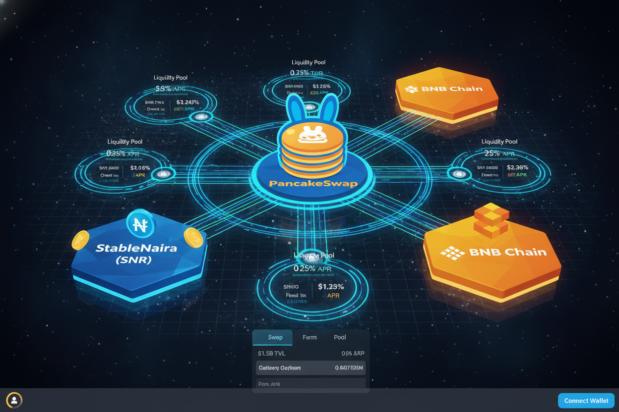 Vibrant visualization of StableNaira SNR liquidity pools on BNB Chain with PancakeSwap icons and NGN P2P flow maps for Nigerian traders