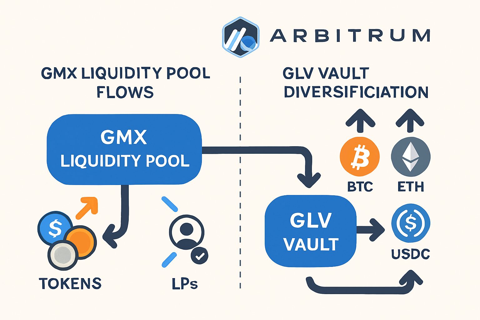 Visual breakdown of GMX liquidity pool flows and GLV vault diversification on Arbitrum, illustrating how assets move between GM pools and are diversified by GLV vaults for optimal DeFi yield farming.
