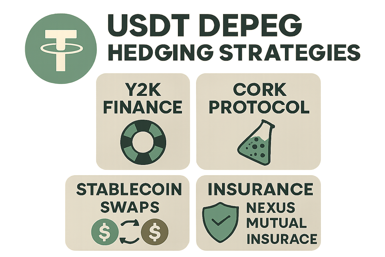 Visual breakdown of DeFi strategies to hedge against USDT depeg risk, featuring depeg derivatives, stablecoin swaps, and protocol insurance solutions.