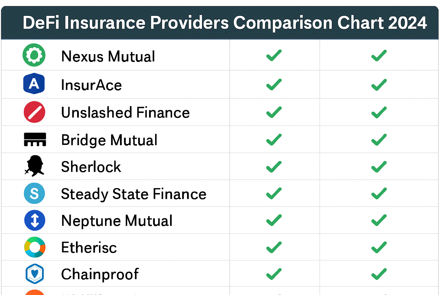 Comparison chart of the top 11 DeFi smart contract exploit insurance providers in 2024, including Nexus Mutual, InsurAce, Unslashed Finance, Bridge Mutual, Sherlock, Steady State Finance, Neptune Mutual, Etherisc, Chainproof, Y2K Finance, and Solace.