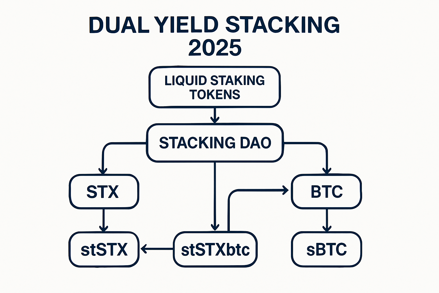 Dual yield stacking flow chart for Stacking DAO showing STX staking, LST tokens, and BTC/sBTC rewards in 2025