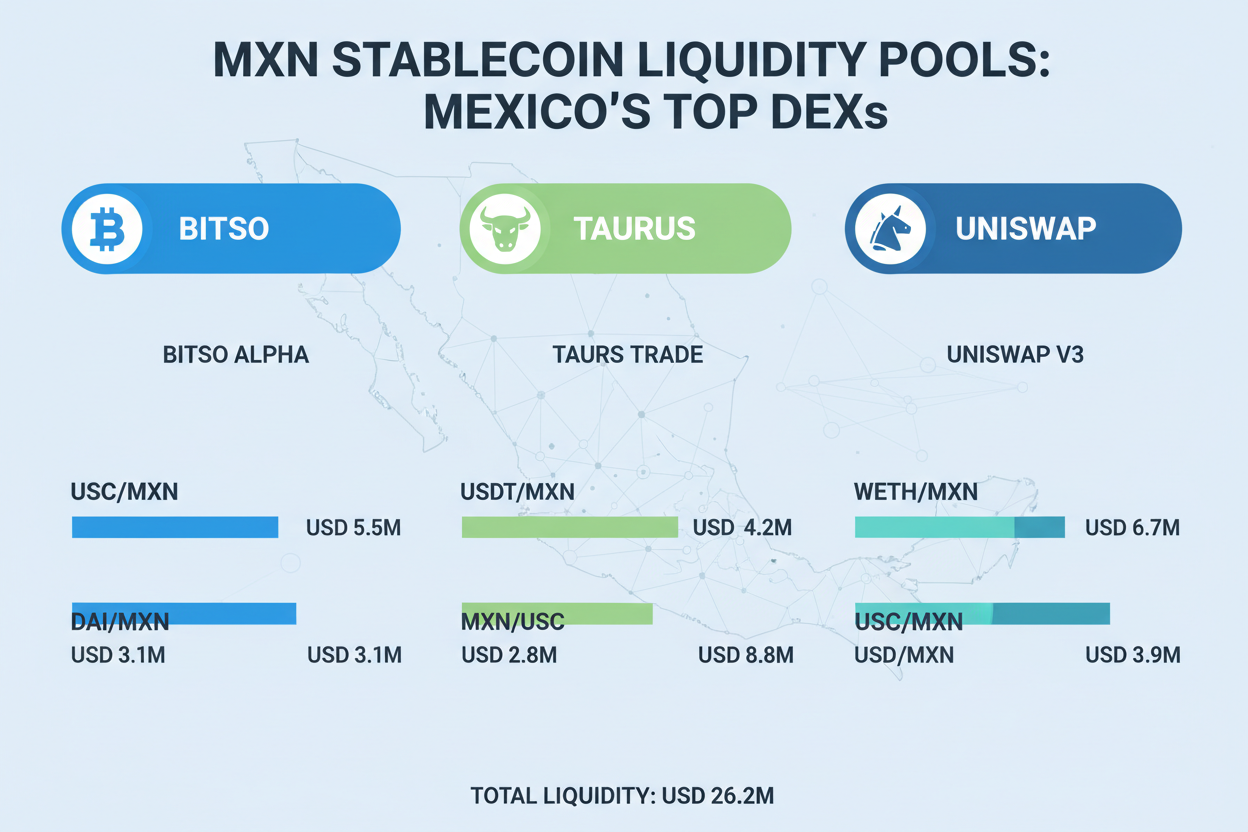 Infographic chart of top 10 deepest MXN stablecoin liquidity pools on Mexican DEXes like BitsoDEX MXNp-USDC, TaurosSwap MXNp-USDT, Uniswap V3 MXNp-ETH, showing liquidity depth and volume for 2026 arbitrage trading