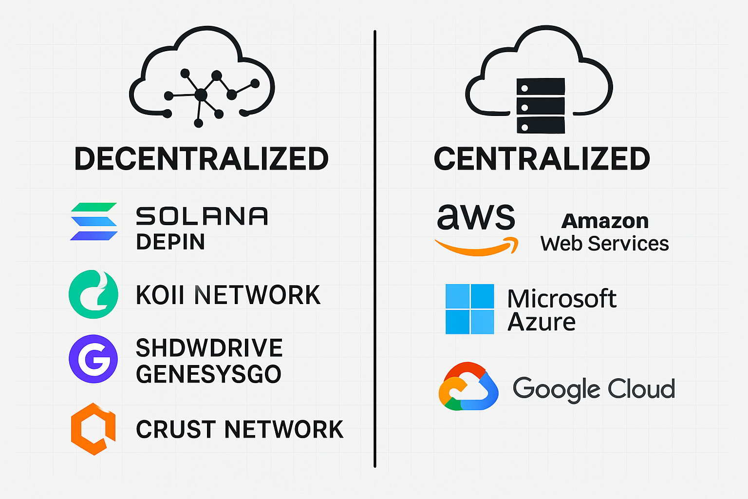 Visual comparison chart of decentralized vs centralized cloud storage models featuring Koii Network, ShdwDrive (GenesysGo), Crust Network, and Arweave on Solana DePIN ecosystem