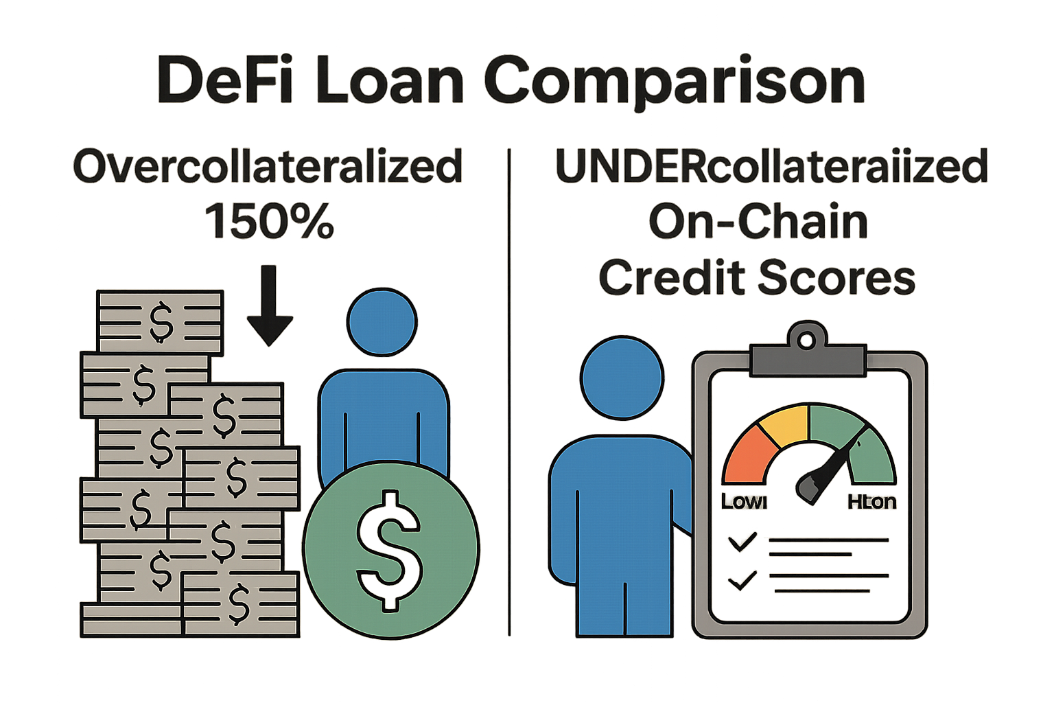 Infographic comparing overcollateralized DeFi loans with 150% locked collateral to undercollateralized loans enabled by on-chain credit scores, illustrating improved capital efficiency in decentralized finance