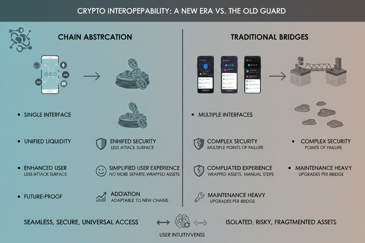 Infographic visual comparison of risky traditional cross-chain bridges versus secure chain abstraction flows in DeFi for seamless UX and reduced bridging risks