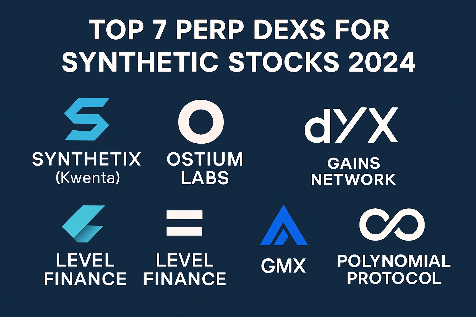 Visual comparison of the top 7 perp DEX platforms for synthetic stock trading in 2024, featuring logos or branding for Synthetix (Kwenta), Ostium Labs, dYdX, Gains Network (gTrade), Level Finance, GMX, and Polynomial Protocol.