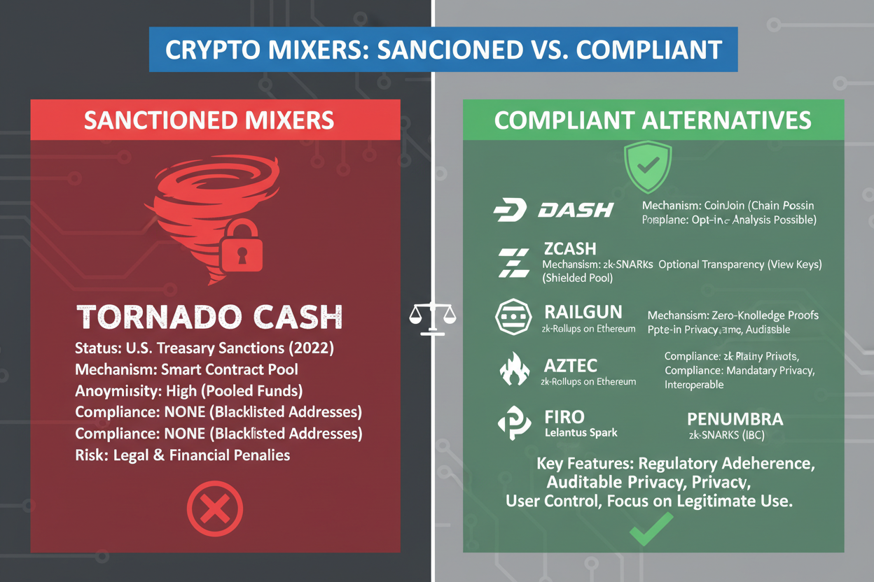 Visual comparison infographic of Tornado Cash sanctions impact versus top compliant crypto mixer alternatives in 2026 including Dash PrivateSend, Zcash Shielded Transactions, Railgun Privacy System, Aztec Network, Firo LelantusSpark, and Penumbra Shielded Pool