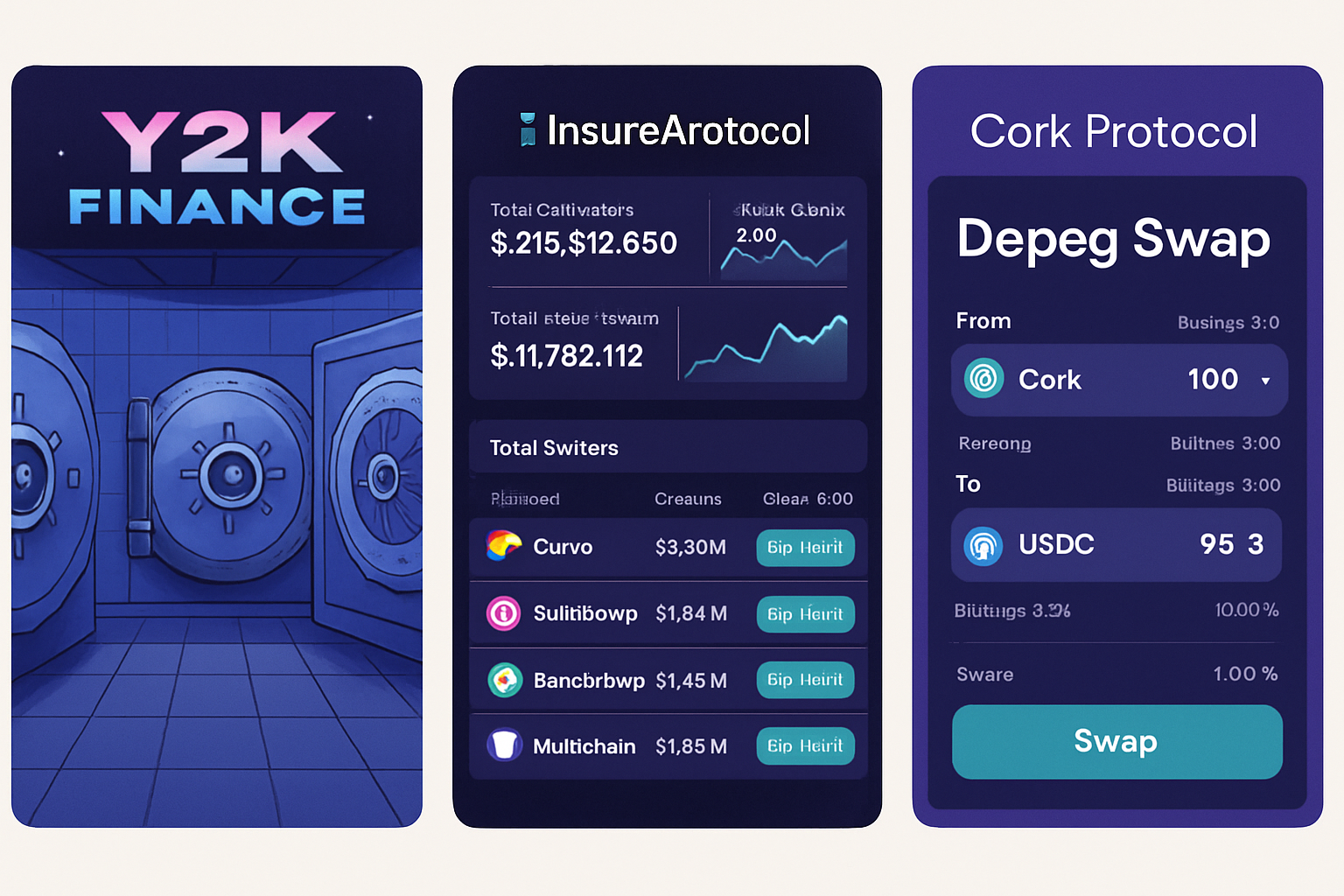 Visual comparison of Y2K Finance Depeg Protection Vaults, InsurAce Protocol on-chain insurance dashboard, and Cork Protocol depeg swap interface for stablecoin risk hedging in DeFi.